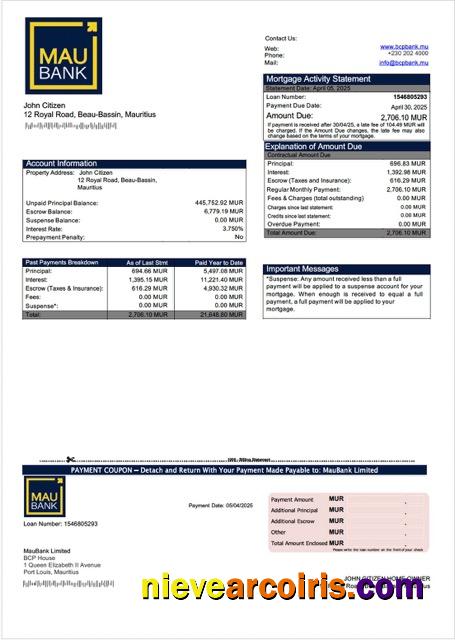 Mauritius MauBank Limited mortgage statement Word and PDF template